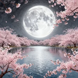magical lake | silver moon background | cherry blossom foreground, concept art, trending on artstation, wlop, ross draws, digital painting, mixed media, intricate details, volumetric lighting