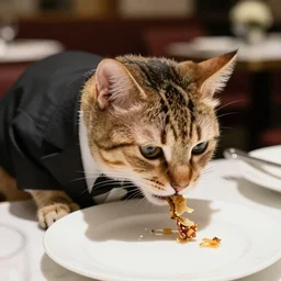 a high quality closeup shot of a cat wearing a suit eating at a fancy restaurant