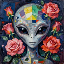 grey alien, black cat eyes, botanical, rose, portrait face, colorful, kupka, intricate, miles johnston, kuroda seiki, ozabu, godward, painterly, yoshitaka amano, moebius, miles johnston, louise zhang, james jean, mark ryden lowbrow pop surrealism art style