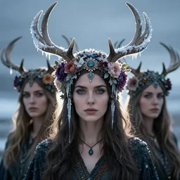 beautiful female character inspired by iceland and floral headdress pagan wiccan viking antlers headdress icicles full face | | digital artwork made by greg rutswork, anna dittmann and lois van barlee, symmetrical rim light, anatomically correct
