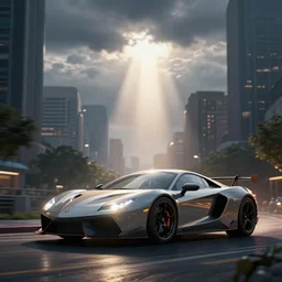 a sport automotive in a city, vray rendering. lightning, cinematic lighting, clouds. john berkey, sunny pandita.