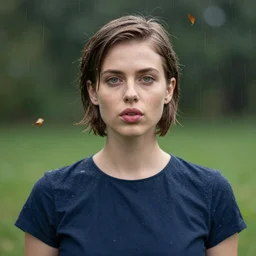 white woman, puffy lips, short hair, green eyes, green background, rain falling along with dried leaves, navy blue dress