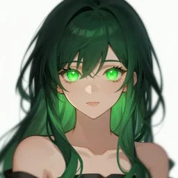 a woman with dark green hair and glowing green eyes, anime, artstation, trending on artstation, high quality