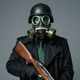 person with black padded helmet and a jin roh gas mask, green lens, black trenchcoat, black office shirt, dark green tie, a wooden sniper rifle, portrait, by yoji shinkawa