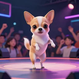 a chihuahua performing on stage at a hip hop concert. Dancing out of focus crowd. Cyber stage design. Photograph for a magazine.