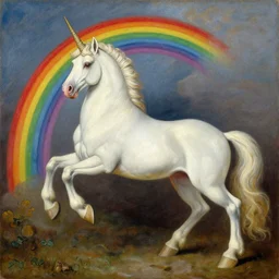 oil painting of a unicorn on a rainbow in the style of caravaggio