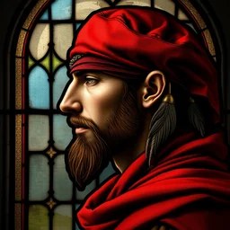 side - view portrait of the iorveth, scoia'tael leader, red cap, red bandana covering one eye, renaissance stained glass window, very masterful