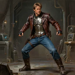 a painting of a young hugh grant in a tactical infiltration pose, wearing a metal breastplate, wearing indiana jones leather jacket, wearing blue jeans, wearing gears of war boots, artstation, unreal engine, intricate facility environment