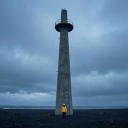 a concrete tower on a icelandic beach, a lot of wires coming from the top of the tower, a small character wearing a yellow hoodie standing in the front, cloudy day, blue hour, by filip hodas, by simon stalenhag, cinematic, dramatic light concept art, matte painting, trending on artstation, dystopia