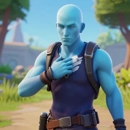 A bald man with light blue skin dabbing in Fortnite, unreal engine 5 render