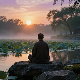 low camera shot, ant view, of a zen master quietly sitting in a rock garden overlooking a pond of lilly pads during a sublime sunrise, one sun, his dark silhouette completely obscured by bokeh, colorful masterpiece photography,