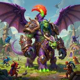 zandalari trolls riding purple green red and blue raptors in senjin village, digital art, world of warcraft, trending on artstation, incredibly detailed, voodoo magic, vibrant, award winning, intricate