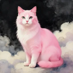 painting of a beautiful pink cat, majestous, in a fantasy world, background clouds are watercolored, digital painting, hd, illustration, art by tokenin, by atey ghailan, by greg rutkowski, by greg tocchini, by james gilleard, by joe fenton, by kaethe butcher, gradient pink, black, cream and white color scheme, trending in instagram, award winning details
