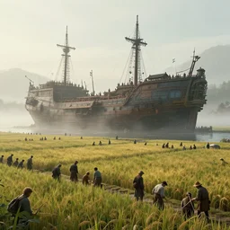 a viking village built on a huge abandoned ship, futuristic, sci - fi in the rice field by the river, crowd of people working, daily life, ethos, in the style of moebius, early morning, mist, fog, 8 k matte, cinematic lighting, artstation, rendered in octane, highly detailed, trending on artstation, unreal 5, cinematic, matte painting, volumetric lighting
