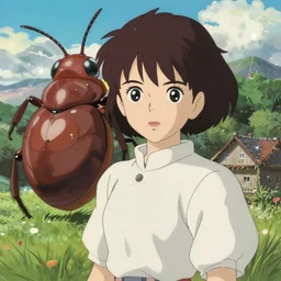 anime art full body portrait character nausicaa witha a giant bug by hayao miyazaki concept art, anime key visual of elegant young female, short brown hair and large eyes, finely detailed perfect face delicate features directed gaze, valley of the wind and mountains background, trending on pixiv fanbox, studio ghibli, extremely high quality artwork cute sparkling eyes kyoto animation scenery