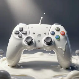 futuristic game controller filled with milk, powered by milk, beautiful stylized photography