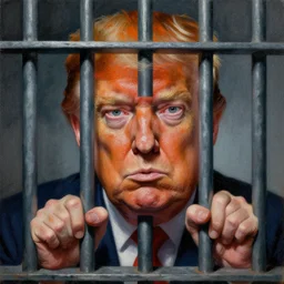 prison cell behind bars of jail gediminas pranckevicius | close up portrait of a evil trump with orange hair behind jail bars in the sinister, one mouth, one nose, two eyes, tiny fingers, valley of despair, oil painting by tomasz jedruszek, cinematic lighting, pen and ink, intricate line, hd, 4 k, million of likes, trending on artstation