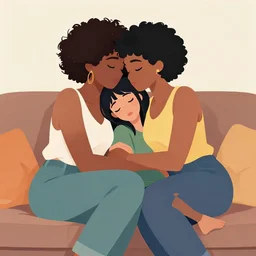 beautiful colorful portrait of an african american lesbian couple cuddling on the sofa, 2 8 4, romantic, highly detailed, smooth, stylized, medium shot, vector line art, clean cel shaded vector art, by lois van baarle, ross tron, artgerm, helen huang, makoto shinkai, ilya kuvshinov, rossdraws
