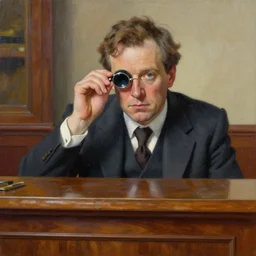 palette knife oil painting portrait of graham, a fellow in a three - piece suit and monocle, peering over from his heavy, lacquered oak reception desk, extreme detail, artstation trending, artgerm, any racial background, deviant art, close up, octane, substance, art history 8 k