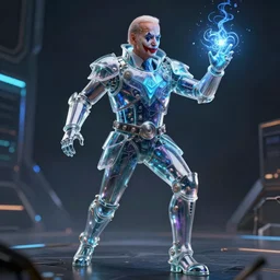 a portrait of a biden with clown make up magician in glass armor releasing spell, full height, moving forward, cyberpunk concept art, trending on artstation, highly detailed, intricate, sharp focus, digital art, 8 k