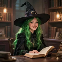 happy nathalie emmanuel as a witch, green hair, cozy atmosphere, urban fantasy, hat, library, bokeh highly detailed, qichao wang, artgerm, cushart krenz, zeronis, trending on artstation, soft light, sharp edges, illustration, character design, concept art