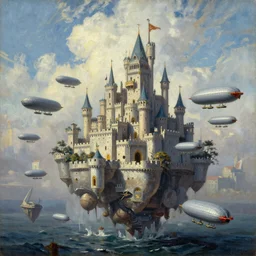 an armada of airships attacking a floating castle, oil painting, in the style of marc simonetti, 4 k