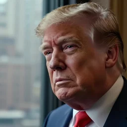 a cinematic, close up portrait, of donald trump starring out his window onto new york city on the verge of tears