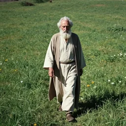 old prophet wandering about a meadow. midday. direct overhead sunlight. harsh shadows. polarizing filter. aperture 1 6. iso 1 0 0