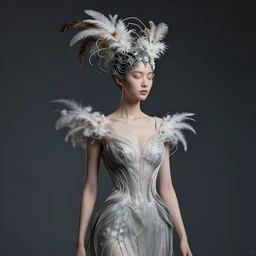 hyper realistic woman figure dressed in futuristic dress, with a weird head piece on her head, made of wires, made of feathers, masterpiece, trending on artstation, photograph