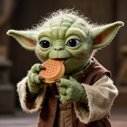 a photograph of master Yoda as a muppet, eating a Twinkie.