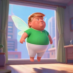 fat little ginger donald trump, wearing white pants and green shirt, floating in air in a room, fairy wings, loseup, modern city through window, concept art, artstation, disney, pixar, dreamworks, anime, tyler edlin, feng zhu, jparked, thomas karpi