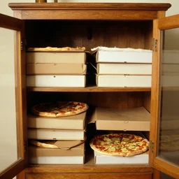 wooden cupboard full of old pizza photograph