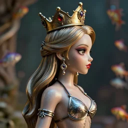 highly detailed closeup, profile portrait of a tin toy goth fairytale princess wearing a crown, bikini, unreal engine, nicoletta ceccoli, mark ryden, earl norem, lostfish, global illumination, detailed and intricate environment