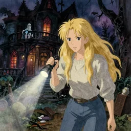 portrait of a blonde woman with a flashlight exploring a spooky haunted house, long hair, sweater and jeans, clutter, film still, finely detailed features, watercolor, studio ghibli key visual, painted by ilya kushinov and makoto shinkai and greg rutkowski and alphonse mucha