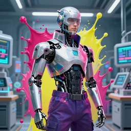 half man half cyborg robot, futuristic clothes, bio lab background by josan gonzalez splash art graphic design color splash high contrasting art, fantasy, highly detailed, art by greg rutkowski