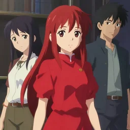 makoto shinkai, artgerm, ilya kuvshinov, steampunk beautiful anime women, first woman with red shirt brown pants black and red hair hair, symmetrical face, symmetrical eyes, second anime woman with orange hair and black pants, action scene, shooting fire war, detailed, summer setting, cinematic lighting
