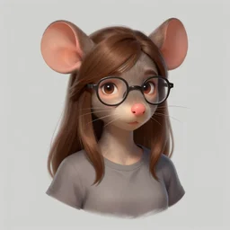 character design portrait of an anthropomorphic furry rat girl with rat ears, brown hair, wearing a tee shirt and glasses, looking at the camera, 4 k, concept art, by wlop, ilya kuvshinov, artgerm, krenz cushart, pixiv.