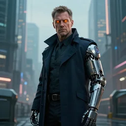 terence hill, in a cyberpunk city on titan, wearing a detective coat, with a mechanical arm, with orange augmented eyes