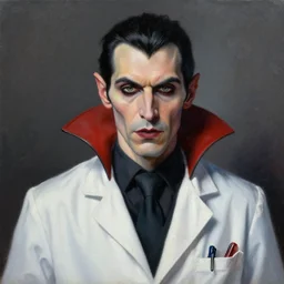 a modern painting of a doctor turned vampire, wearing lab coat, in the style of tim bradstreet, sharp focus, realism, intricate detail