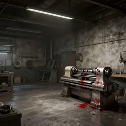 game cg, inside a big empty work shop, a lathe with blood stains in the corner alone on the right side for processing parts. artstation trending, unreal engine, hyperdetailed, 4 k