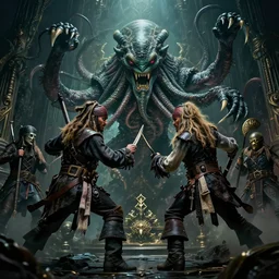 pirates fighting cthulhu, cinematic atmosphere, maximized, high detail, 8k, ornate, dark fantasy, masterpiece, complex, film still from the movie directed by Denis Villeneuve