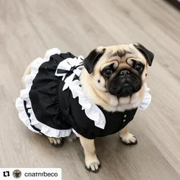 instagram photo of a cute pug in a black french maid uniform, the pug is wearing a french maid dress, canon eos r 3, f / 1. 4, iso 2 0 0, 1 / 1 6 0 s, 8 k, wide angle, pet photography