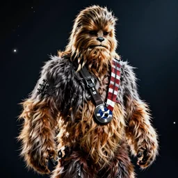 photorealistic art of chewbacca as captain america, dynamic lighting, space atmosphere, hyperrealism, stunning visuals