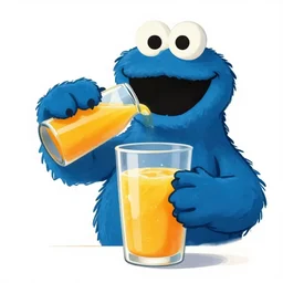 the cookie monster drinking orange juice