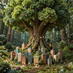 a miniature city built into the trunk of a single colossal tree in the forest, with tiny people, in the style of cory loftis, lit windows, close - up, low angle, wide angle, awe - inspiring, highly detailed digital art