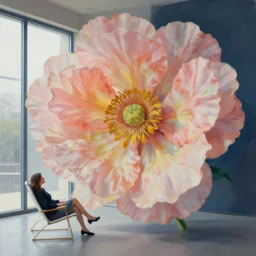 closeup, huge flower head, woman sitting, lounge chair by a modern window, surreal photography, studio light, impressionist painting, digital painting, artstation, simon stalenhag