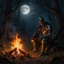 a hyper realistic digital painting of a haunted forest with a campfire, a knight is sitting by thatcampfire, full of details, intricate, night time, volumetric light, full moon, moonglow, dark fantasy, horror, in the style of greg rutkowski