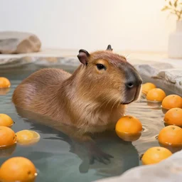 photo still of capybara chilling in a hot spring filled with oranges, 8 k, studio lighting bright ambient lighting key light, 8 5 mm f 1. 8