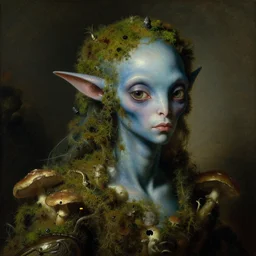 a close - up rococo portrait of an futuristic blue alien elf - like creature covered in moss, mushrooms, and swamp. gloomy, 1 8 th century fantasy masterpiece painting by jean - honore fragonard, moebius, and johfra bosschart.