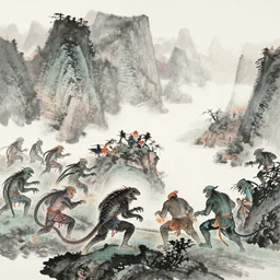 between the beautiful mountains and waters, many alien monsters are fighting with chinese immortals, traditional chinese ink painting.